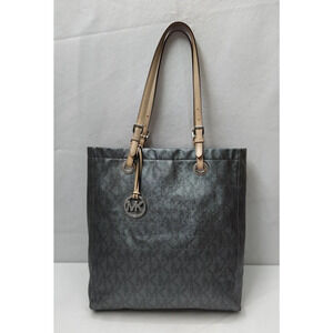 Michael Kors Jet Set Gray Leather MK Printed Double Handles Tote Shoulder Bag